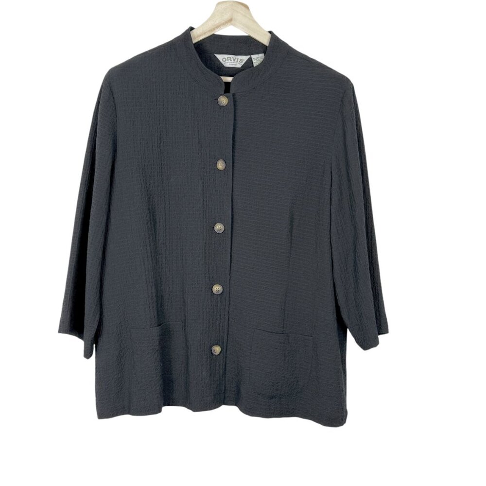 Orvis Crinkle Mandarin Collar Button Down Lightweight Top Black XL 18 - 22